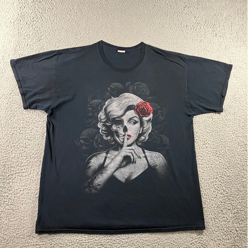 Retro Fruit of the Loom Graphic Tee Mens XL Marilyn Skull Rose Black S/S‎ Goth